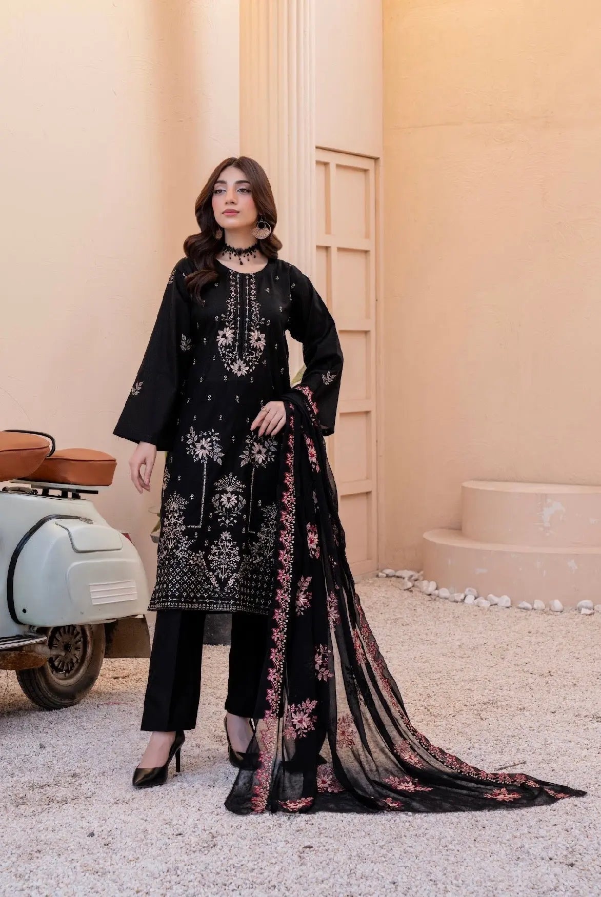 Premium Black Lawn Suit with Embroidered kameez and dupata dyed trouser ziab