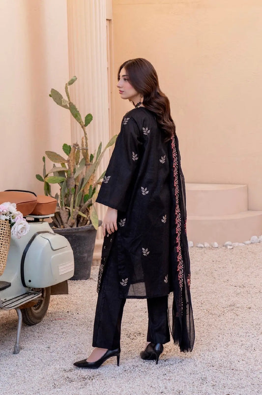 Premium Black Lawn Suit with Embroidered kameez and dupata dyed trouser ziab