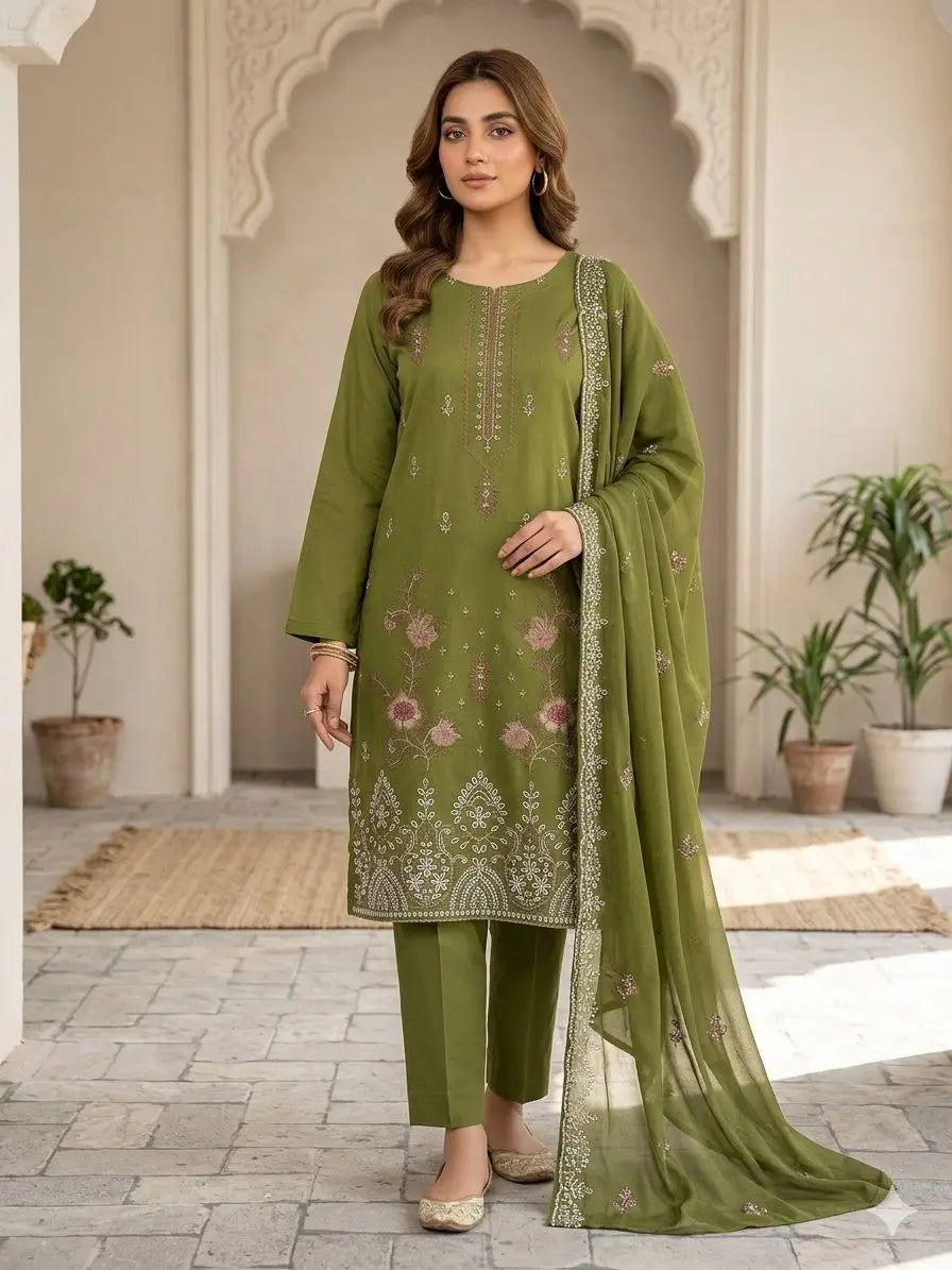 Olive Green Embroidered 3-Piece unstitched Suit with Chiffon Dupatta ziab
