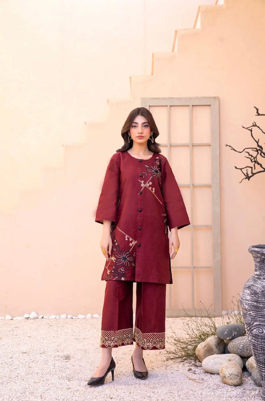 Premium Maroon  Embroided 2-Piece Set Button-Down Shirt with Trouser ziab