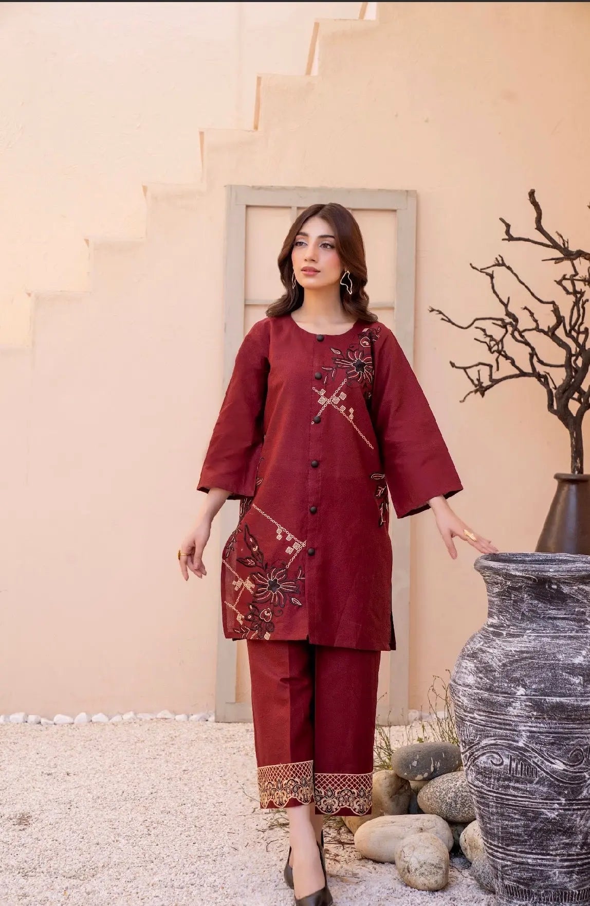 Premium Maroon  Embroided 2-Piece Set Button-Down Shirt with Trouser ziab