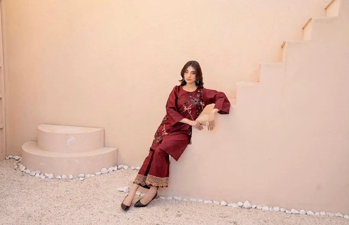 Premium Maroon  Embroided 2-Piece Set Button-Down Shirt with Trouser ziab