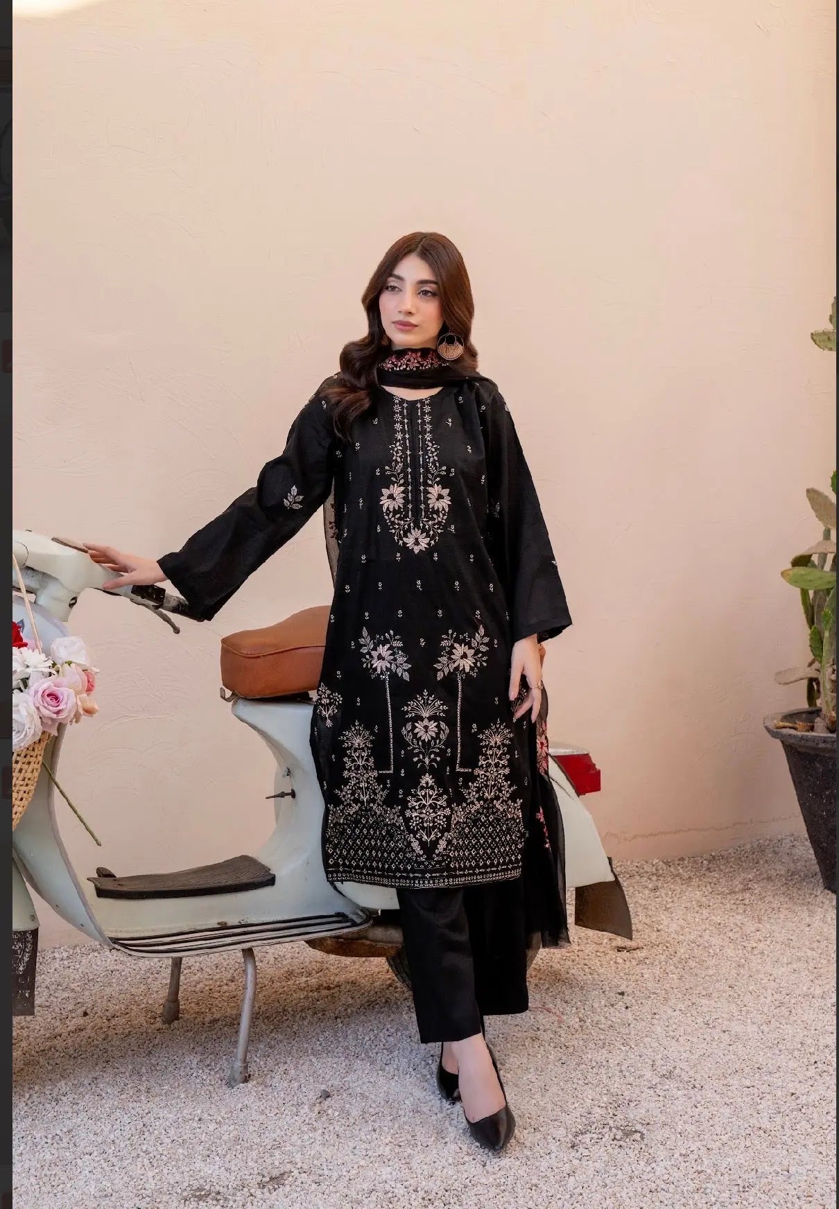 Premium Black Lawn Suit with Embroidered kameez and dupata dyed trouser ziab
