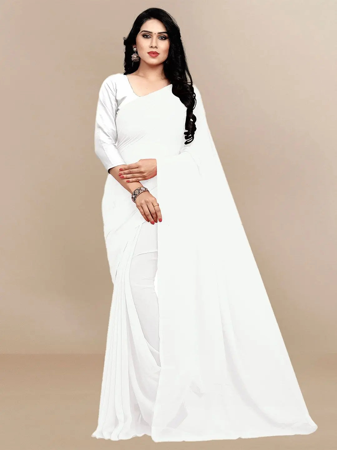 Pure White Saree with Matching Blouse Piece ziab