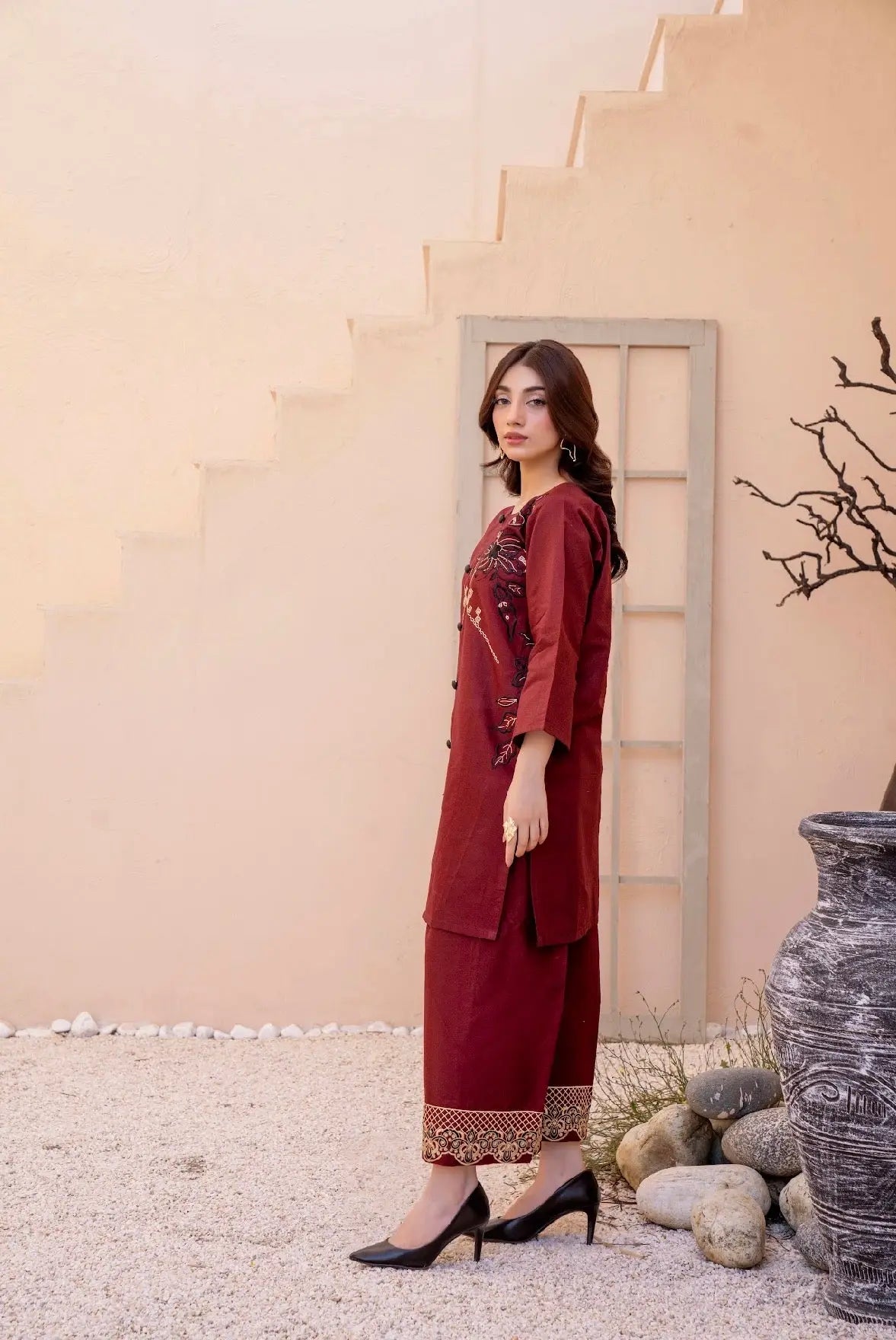 Premium Maroon  Embroided 2-Piece Set Button-Down Shirt with Trouser ziab