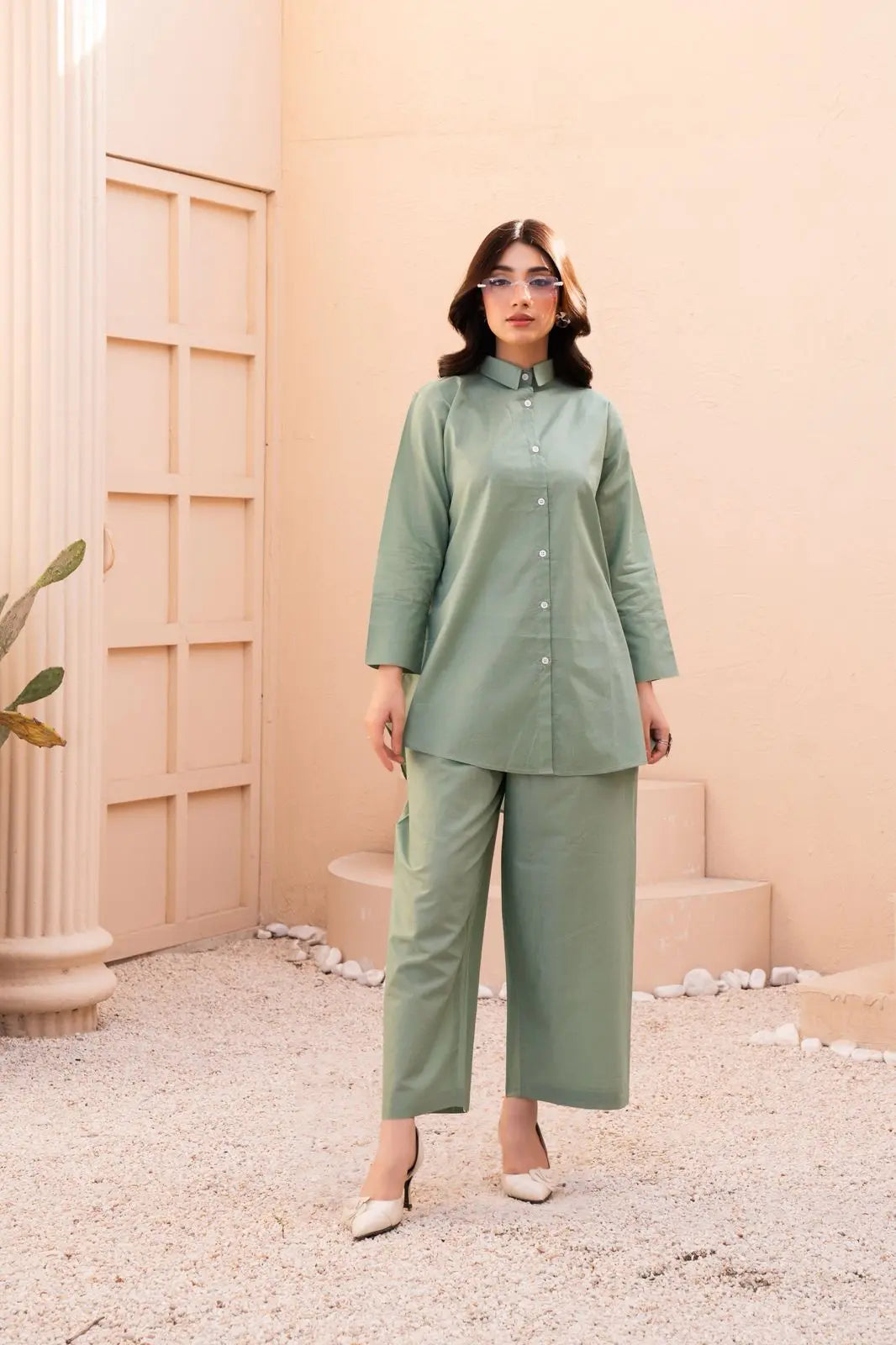 Elegant Sage Green Co-Ord Set – Women’s Loose Fit Top & Trouser ziab