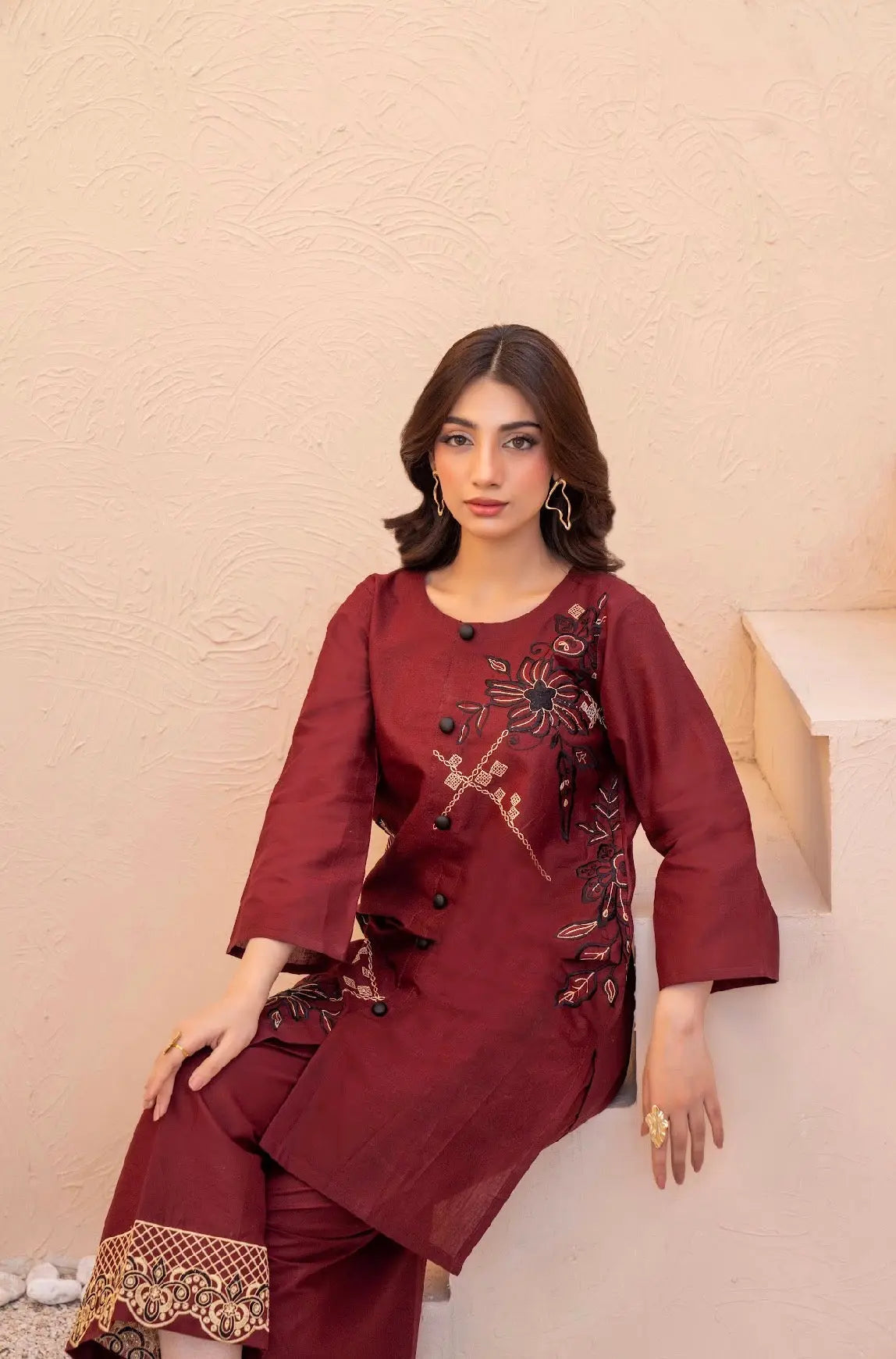 Premium Maroon  Embroided 2-Piece Set Button-Down Shirt with Trouser ziab