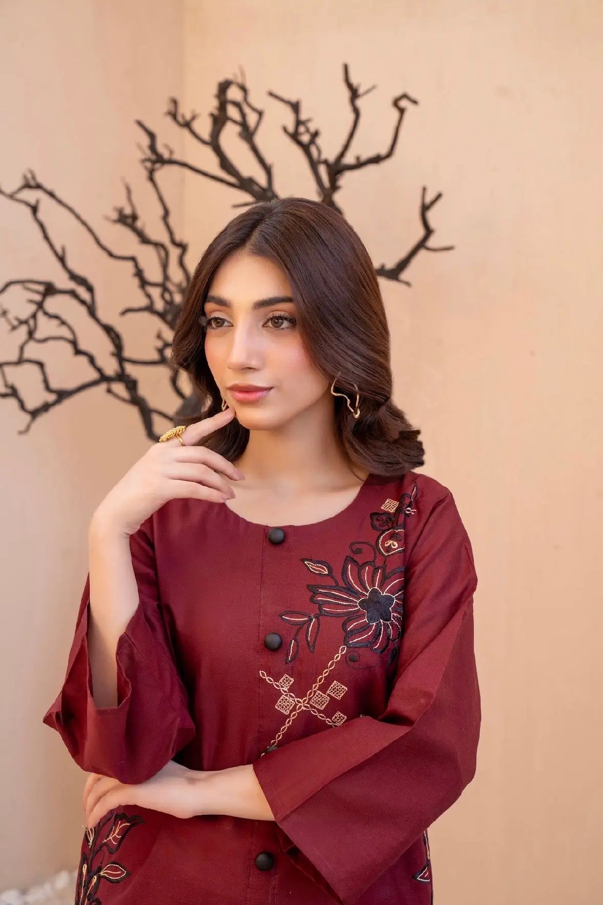 Premium Maroon  Embroided 2-Piece Set Button-Down Shirt with Trouser ziab