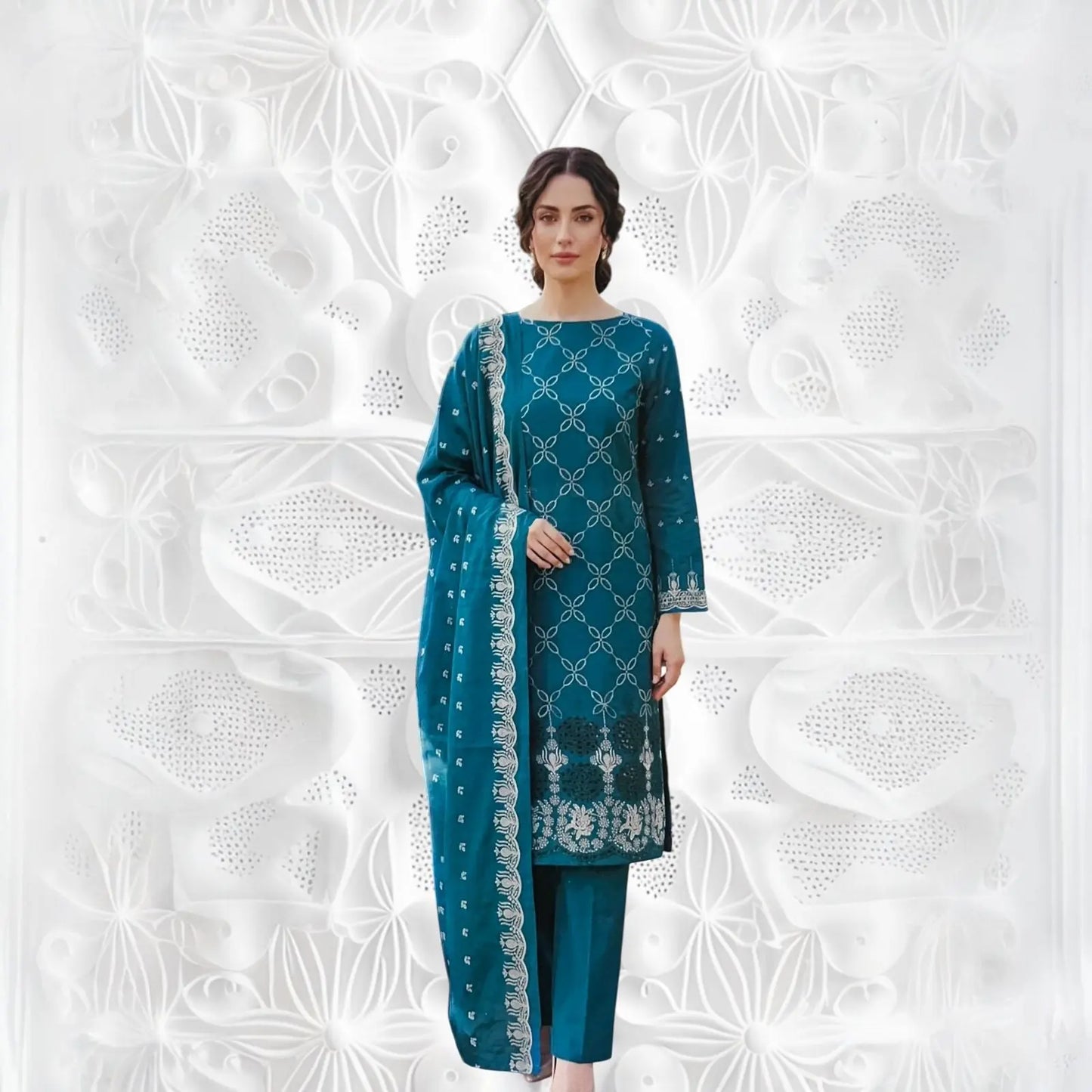 Elegant Teal 3-Piece Embroidered Lawn Suit with Geometric Pattern & Bordered Dupatta ziab