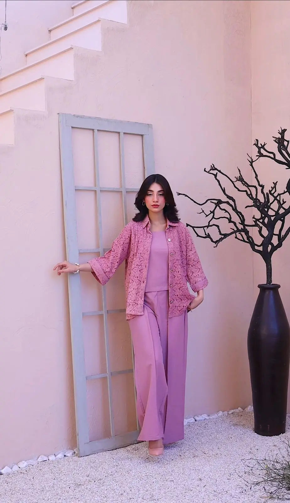 Elegant Lilac Floral Lace Button-Down Shirt & Wide-Leg Trouser Co-ord Set ziab