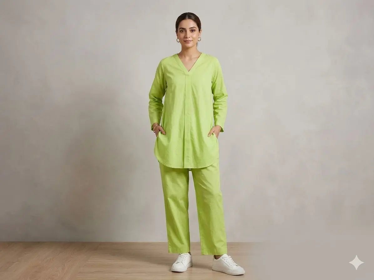 Women's V-Neck Cotton Tunic and Straight Leg Trouser Set – 2 Piece ziab