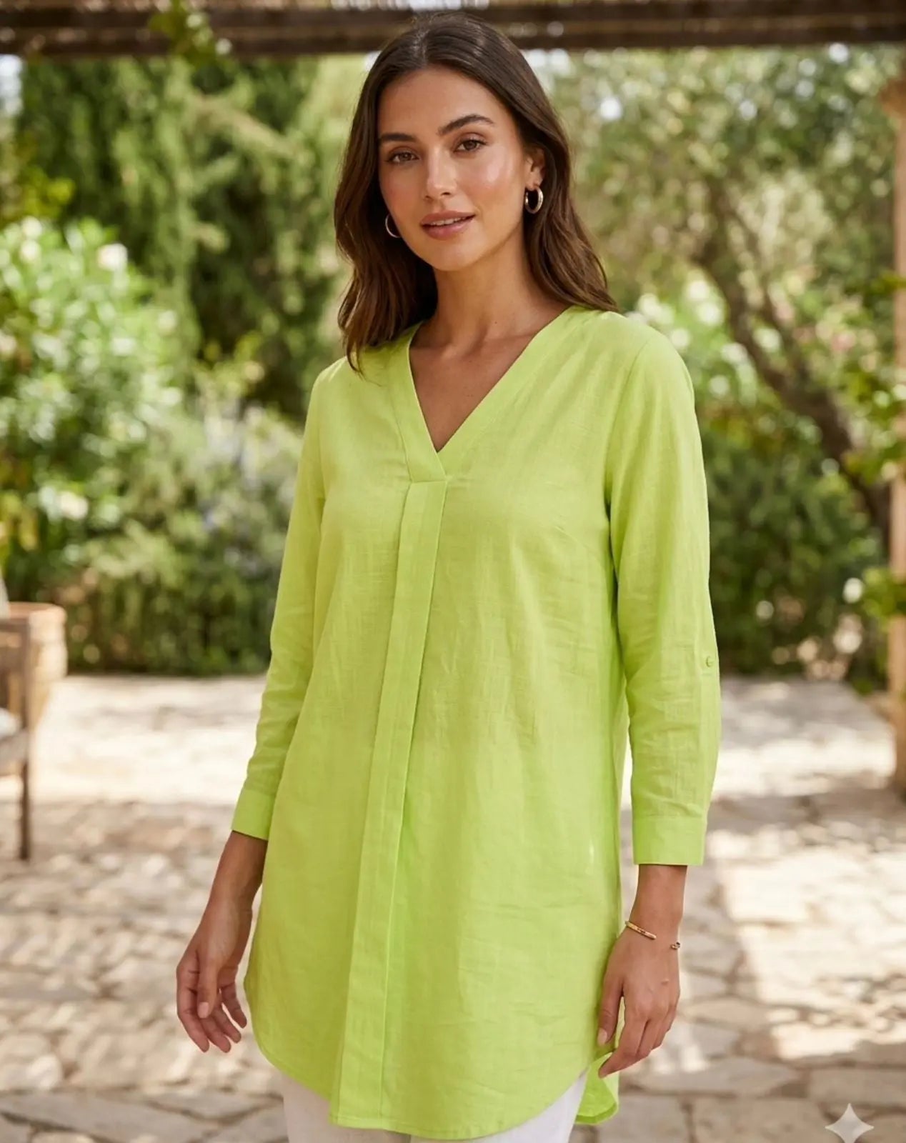 Women's V-Neck Cotton Tunic and Straight Leg Trouser Set – 2 Piece ziab