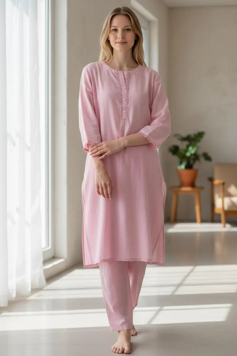 Pink Solid Cotton Kurti Set for Women | Minimalist 2-Piece Ethnic Wear ziab