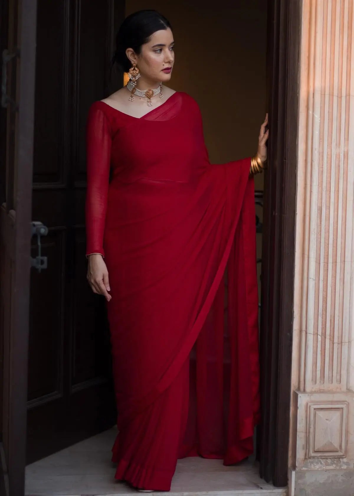 Minimalist Jet Black/white/red Plain Stitched Saree - Premium Shaffon ziab