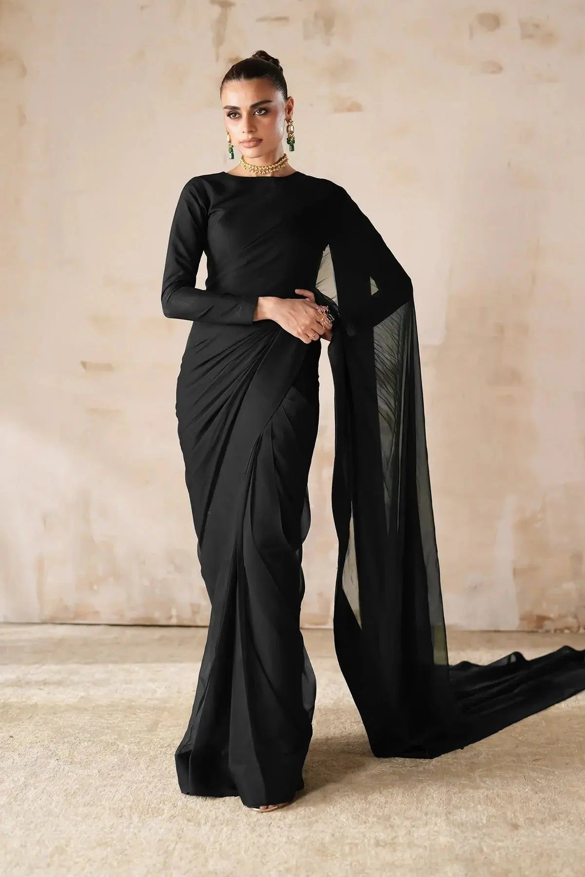 Minimalist Jet Black/white/red Plain Stitched Saree - Premium Shaffon ziab