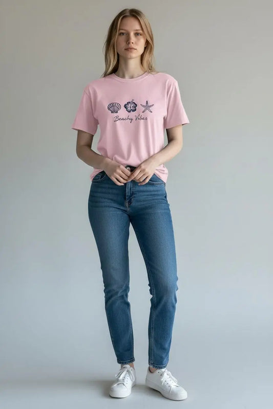 Women's "Beauty Vibes" Graphic T-Shirt – Pink Coastal Seashell & Down Shoulder Tee ziab