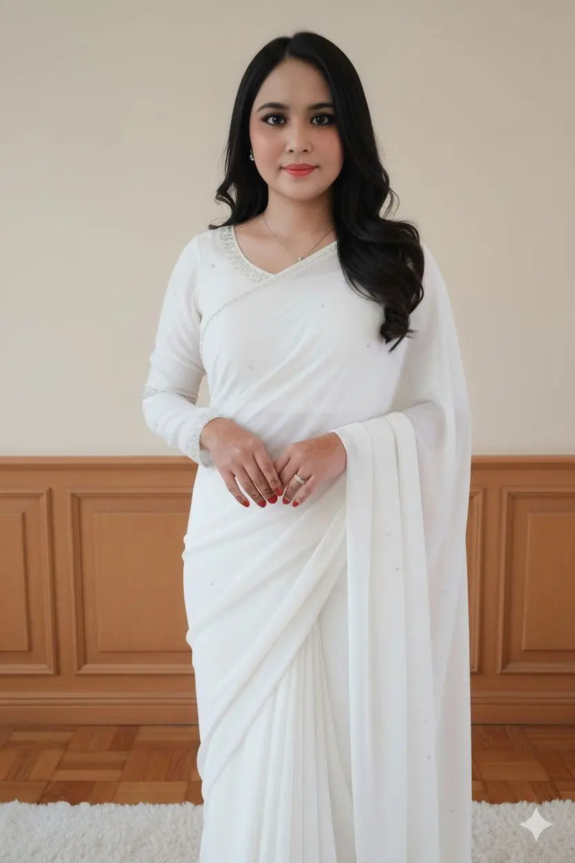 Minimalist Jet Black/white/red Plain Stitched Saree - Premium Shaffon ziab